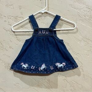 Baby Korral Infants Denim Overalls Dress with Embroidered Horses Horseshoes sz S